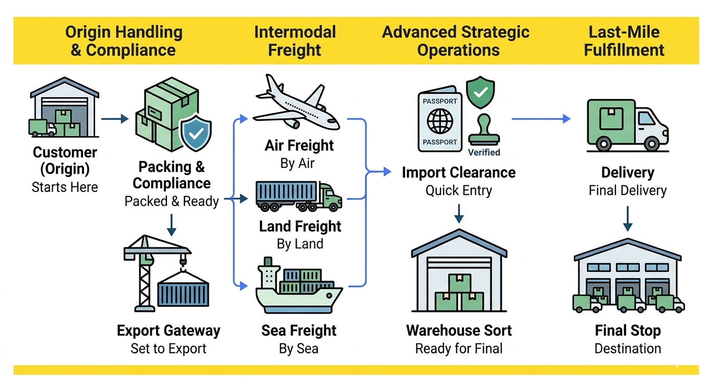End-to-end logistics process flow for Middle East export shipments.
